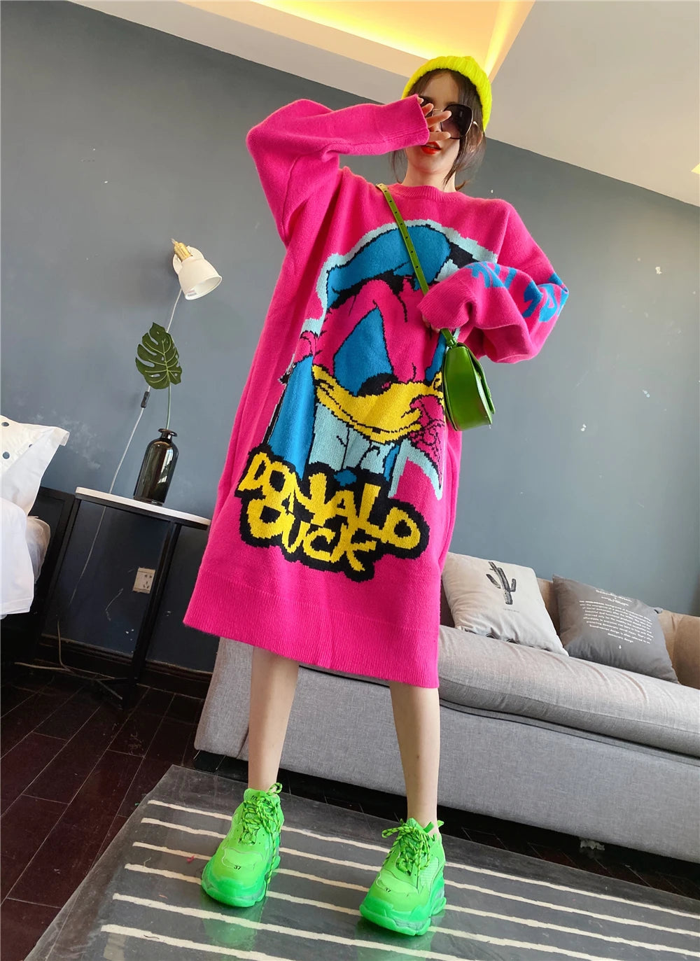 Korean Long-Sleeved Pullover Sweater Loose Fashion Women Autumn Winter Cartoon Embroidered Thickened Long Section Knitted Top SS69