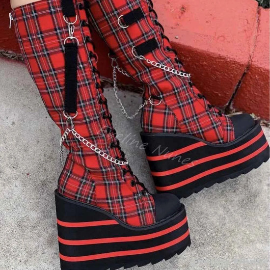 Canvas Check Platform Knee-high Boots Women Metal Chain Round Toe Wedges Cross Tied Lolita Heighten Shoes 2025 Lovely Sexy Boots