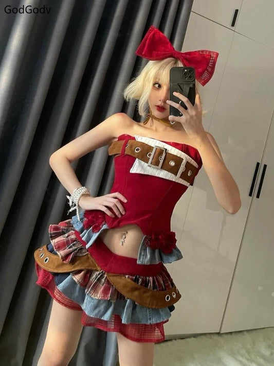 Preppy Style Vintage Red Denim Bustier Tops + Sweet Spicy Pure Design Mini Cake Skirt Women 2 Piece Sets Summer 2025 Korea Style SS69