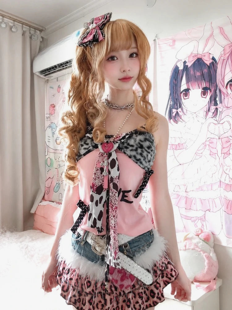 Y2K American Vintage Leopard Print Matching Sets Women Gothic Punk Satin Cami Fluffy Trim Mini Skirt Subculture Daily Outfits