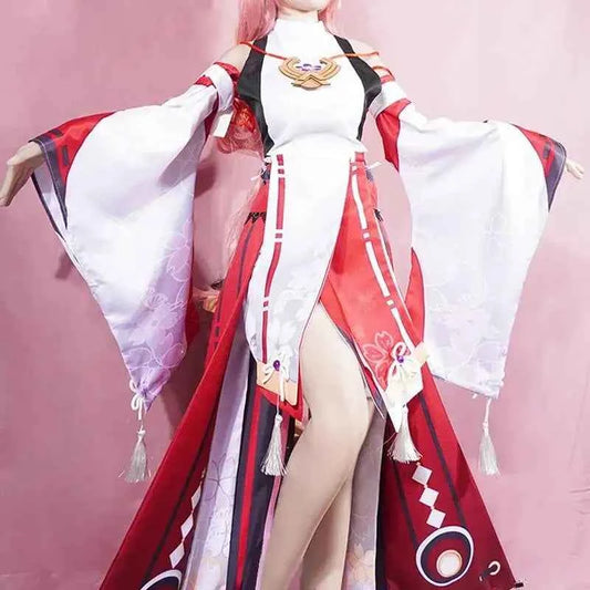 Yae Miko anime cosplay costume set featuring a red and white Chinese-style uniform with wide sleeves.