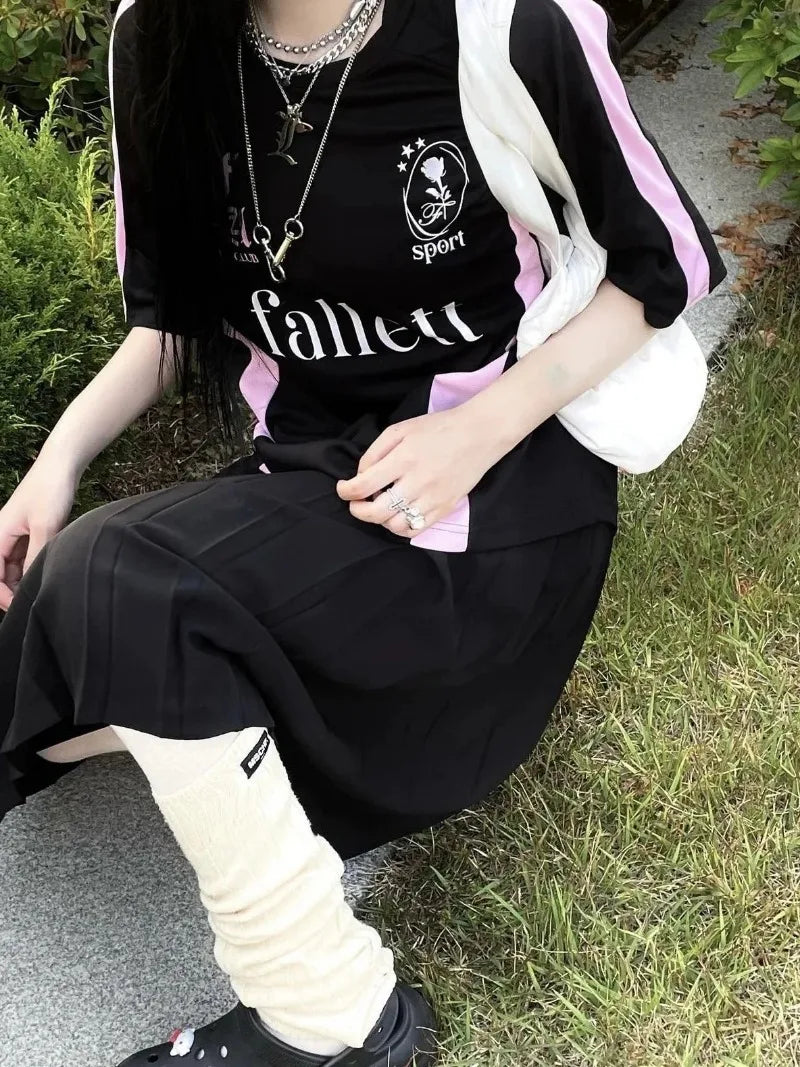 New Arriavl Korean Summer Black Pink Retro Patchwork 21 Jersey T-shirt Sports Breathable Short Sleeve Casual T-shirt for Women SS69