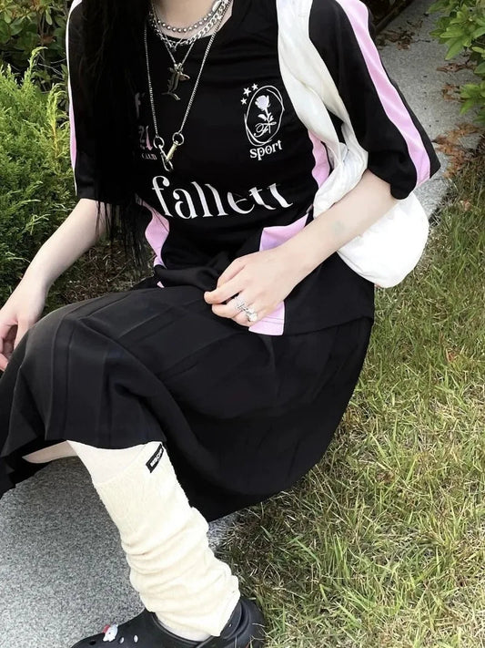 New Arriavl Korean Summer Black Pink Retro Patchwork 21 Jersey T-shirt Sports Breathable Short Sleeve Casual T-shirt for Women SS69