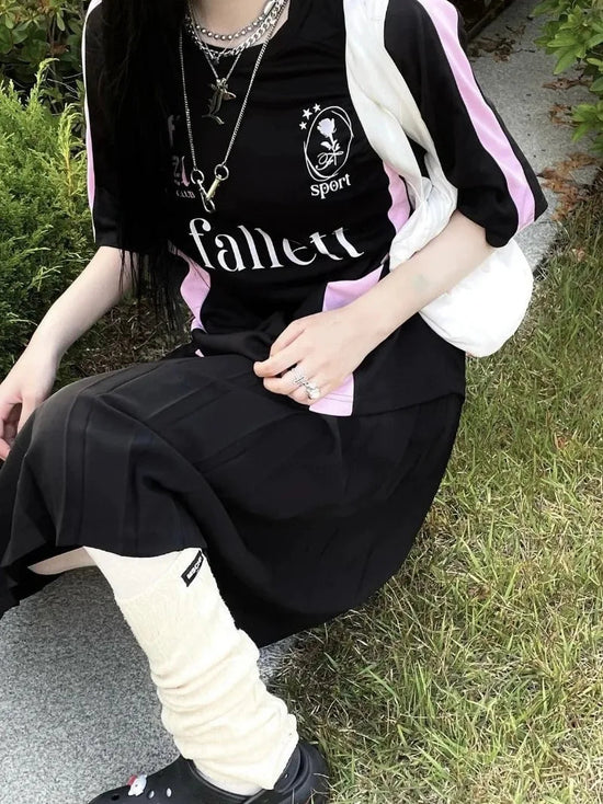 New Arriavl Korean Summer Black Pink Retro Patchwork 21 Jersey T-shirt Sports Breathable Short Sleeve Casual T-shirt for Women SS69