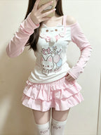 Sweet Japanese T-shirts Women's Clothing Pink Butterfly Patchwork Lace Slash Neck Tees Anime Print Off Shoulder Cute Y2k Tops