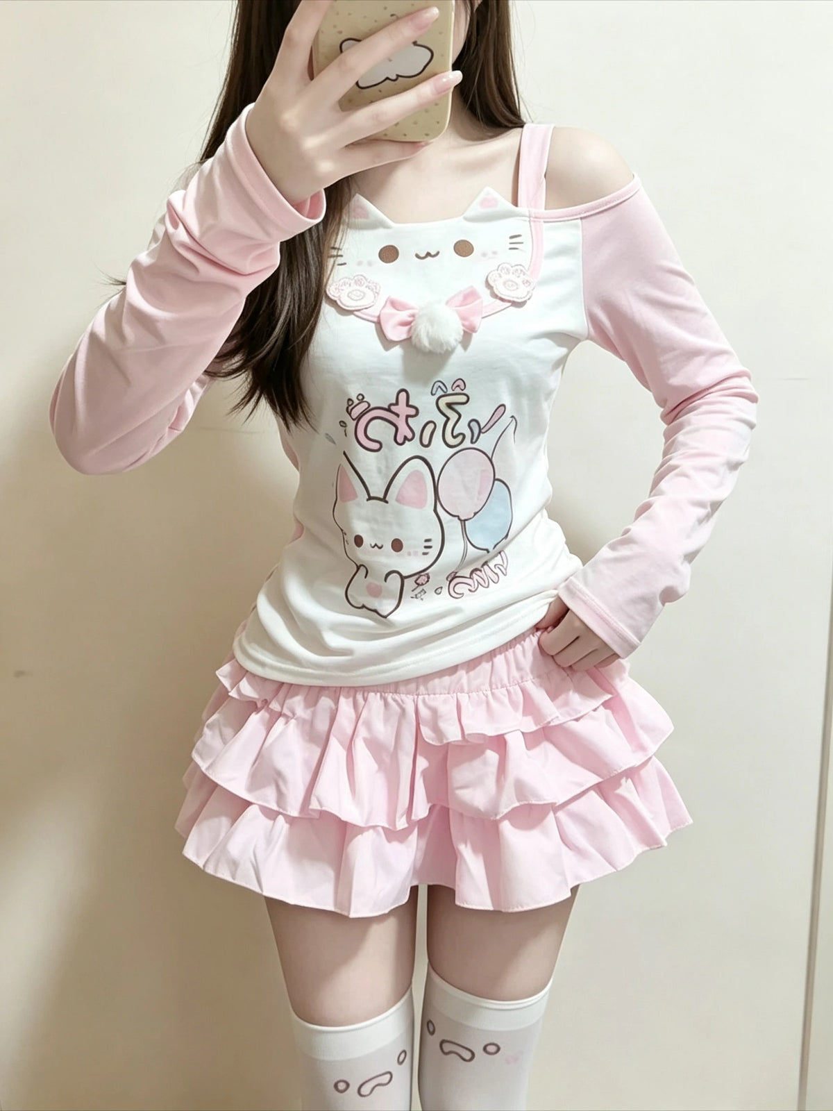 Sweet Japanese T-shirts Women's Clothing Pink Butterfly Patchwork Lace Slash Neck Tees Anime Print Off Shoulder Cute Y2k Tops