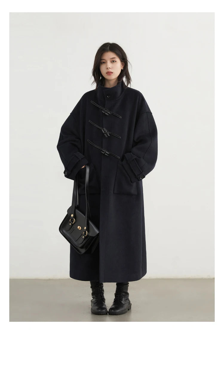 CHIC VEN Women Long Woolen Coats Single Breasted Loose Stand Collar Cow Horn Buttoned Office Ladies Overcoat Autumn Winter 2026