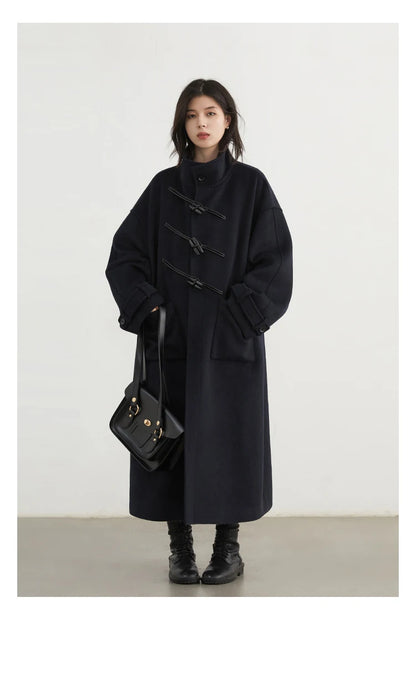 CHIC VEN Women Long Woolen Coats Single Breasted Loose Stand Collar Cow Horn Buttoned Office Ladies Overcoat Autumn Winter 2026