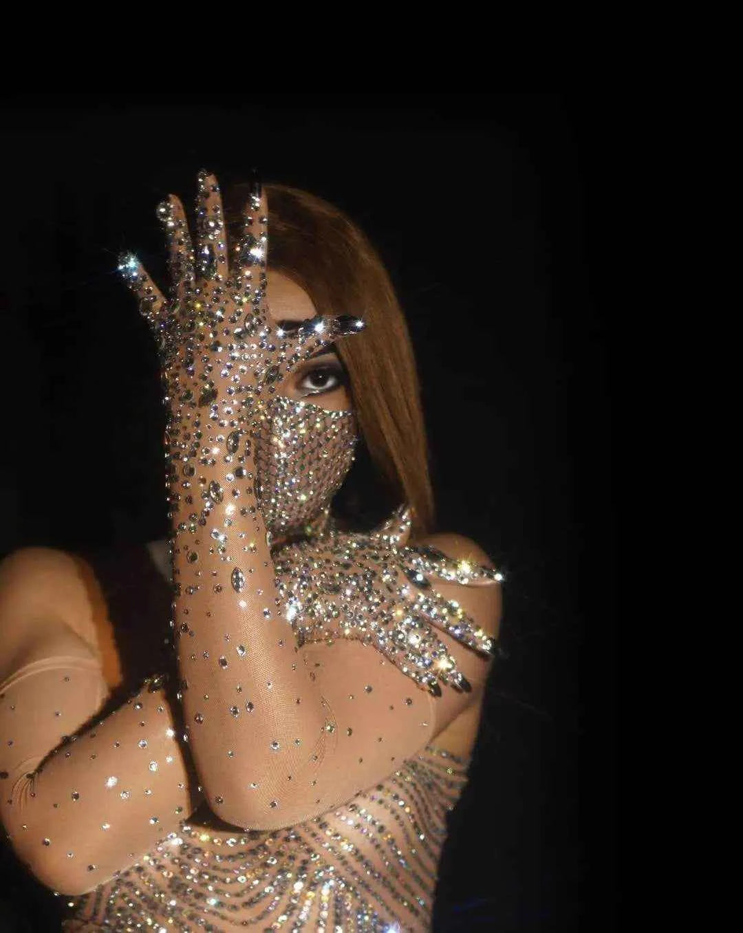 Luxurious Women's Rhinestone Gloves Sparkling Crystal Mesh Long Stretch Dancer Singer Stage Wear Accessory