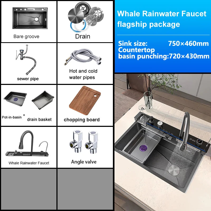 TELISIYAC Stainless Steel Waterfall Kitchen Sink - Large Single Bowl