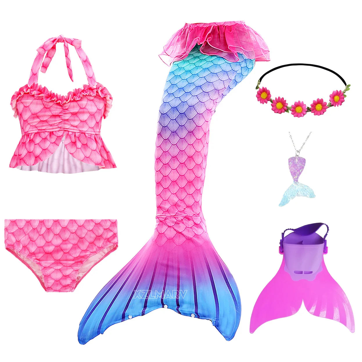 ZOCIC Girls Mermaid Tail Swimsuit Set with Top and Skirt for Swimming