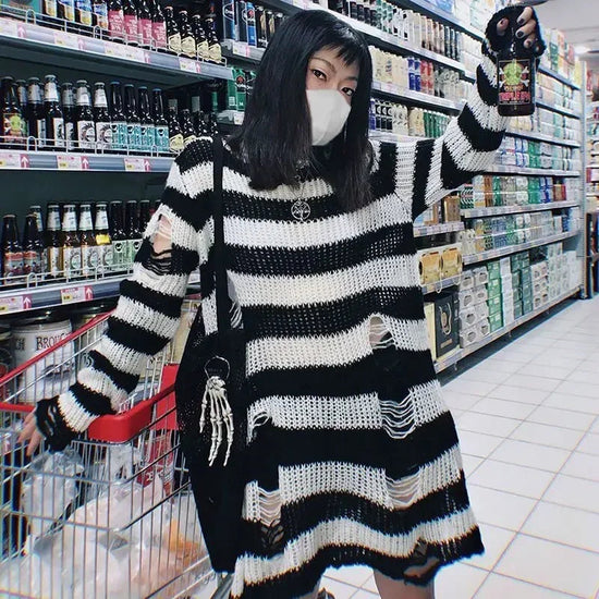 2024 Purple Striped Gothic Sweaters Women Ripped Holes Loose Knitted Pullover Frayed Fairy Grunge Jumpers Emo Streetwear Lolita SS69 12.69 WHITE / One Size