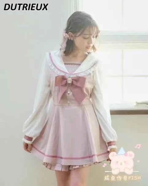 Japanese Style Women's Outfits Sailor Collar Plaid Rhinestone Bow Dress Shorts Set Sweet Lolita Mine Series Dress Two-Piece Suit