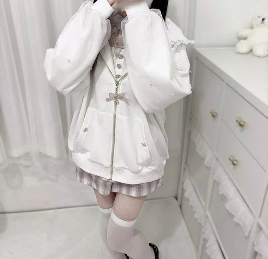 CHUJIECN Japanese Kawaii Bunny Ear Hoodie Women Lace Zipper Jacket