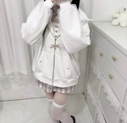 CHUJIECN Women's Japanese Kawaii Bunny Ear Hoodie with Lace and Zipper