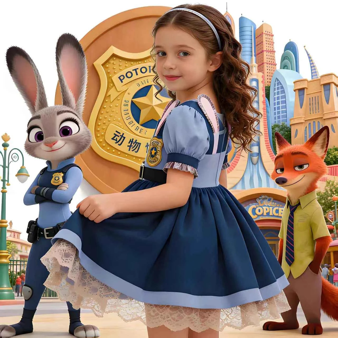 Disney Girls Cosplay Zootopia 2 Police Officer Judy Bunny Dress For Kids Holiday Party Cute Dress With Accessories Fancy Set