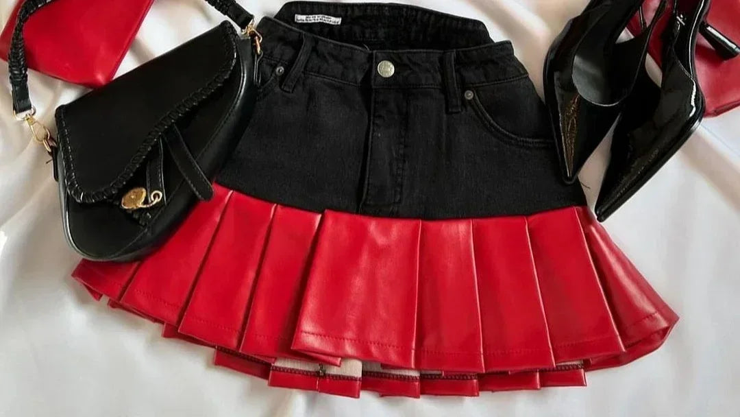 Fashion Trendy Leather Suit Twopiece Set Women Y2k Harajuku Gothic Heart Shaped Short Jacket Denim Splicing Sexy Miniskirt Suit SS69 35.69 Skirt2 / S