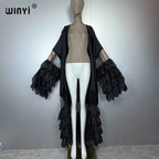 WINYI Catwalk sexy Kimono Women elegant coat Long Sleeve Cardigan abaya dubai luxury beachwear Cover Up dress holiday Caftan