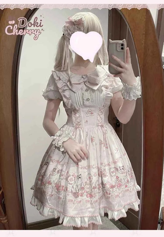 Original New Spring Summer Cute Print Short-sleeved Lolita OP Dress Japanese Sweet Girl Mass-produced Kawaii Bow Short Dresses