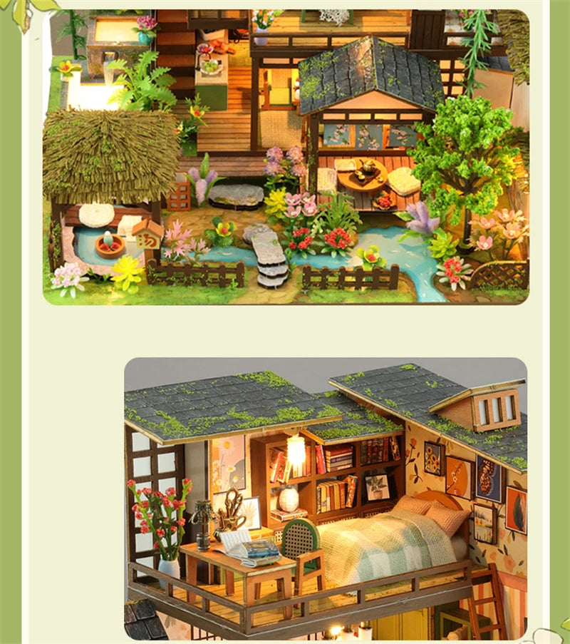 DIY Wooden Bamboo Spring Courtyard Casa Miniature Building Kits Bookend Assembled Dollhouses Bookshelf Home Decor Friends Gifts SS69