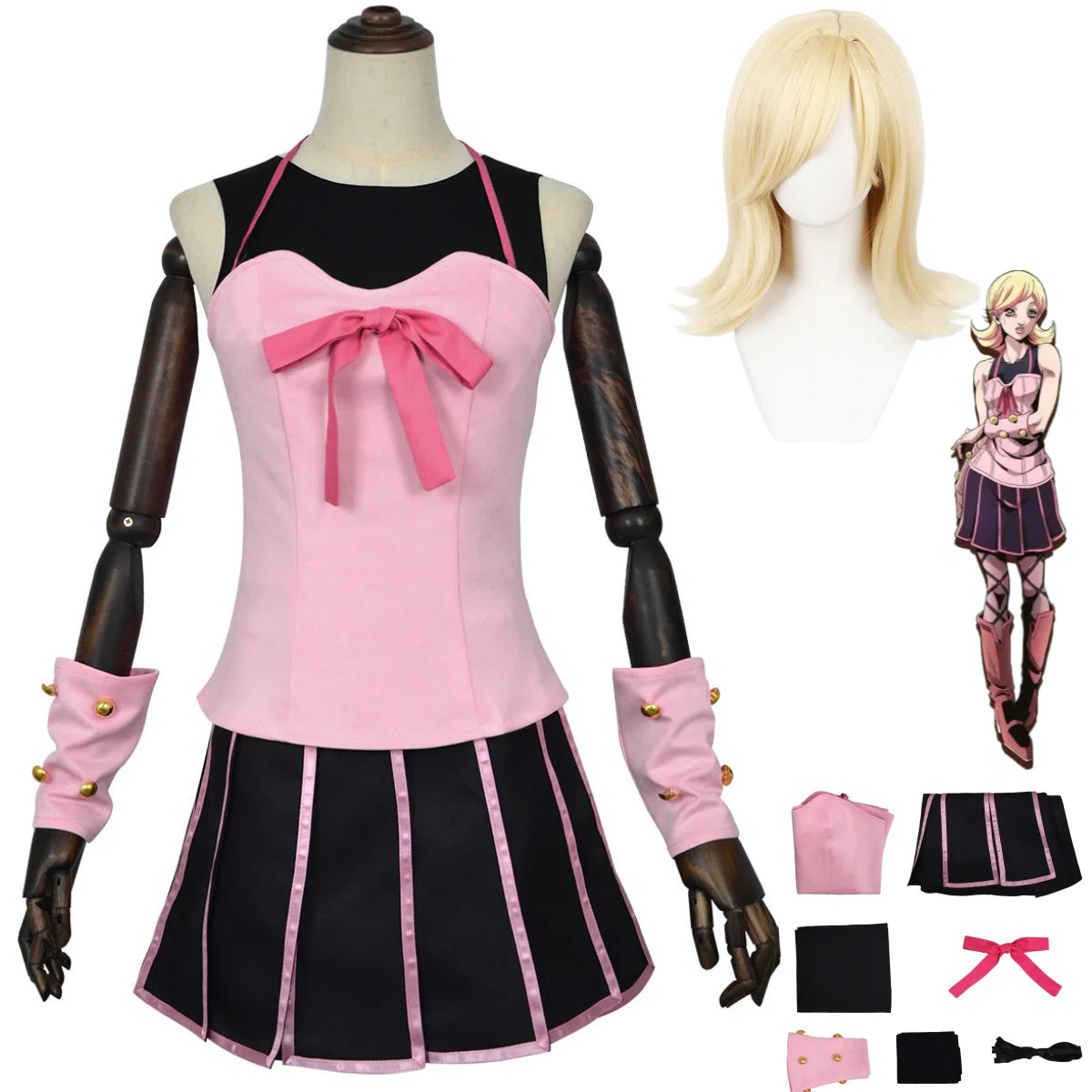 Anime JoJo's Bizarre Adventure Steel Ball Run Lucy Steel Cosplay Costume Pink Dress T-shirt Wig Woman Sexy Cute Carnival Suit