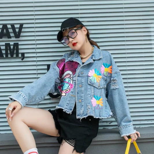 Fashion Brand Jeans Coat Women's Spring Autumn New Heavy Industry Cartoon Sequins Chaqueta High Street Loose-Fitting Denim Coats - SS69