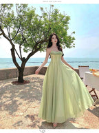 Summer Retro Purple Sexy Sleeveless Backless Ruffles Pleated Slip Dress French Women Green Elegant Party Evening Long Dress Chic