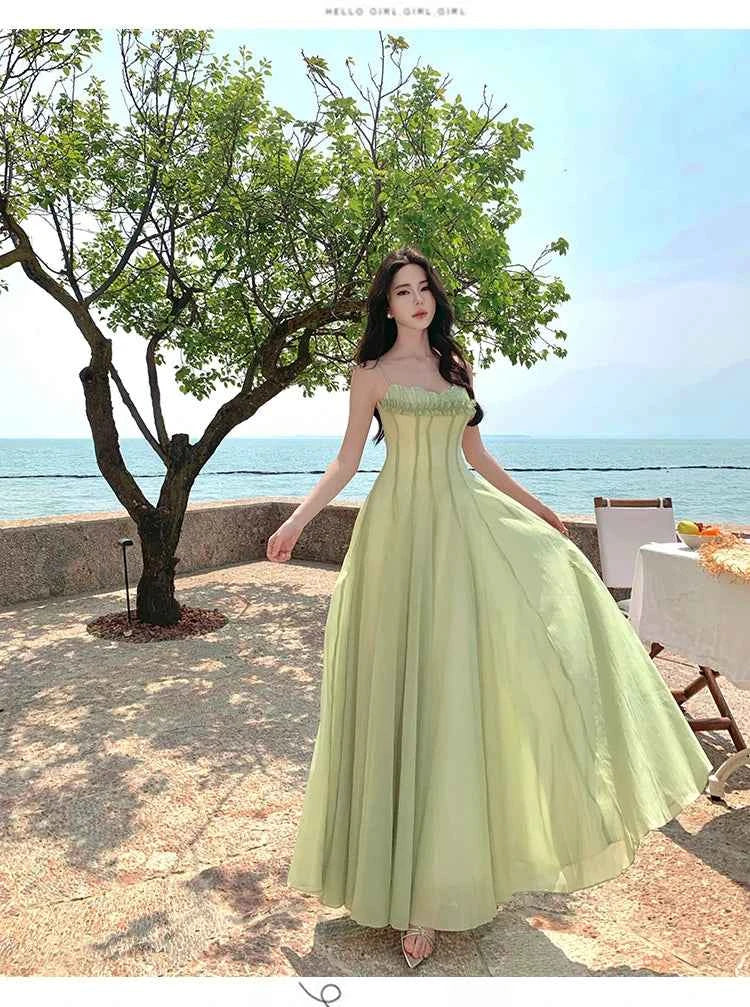 Summer Retro Purple Sexy Sleeveless Backless Ruffles Pleated Slip Dress French Women Green Elegant Party Evening Long Dress Chic