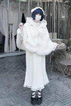 Japanese Mine Lace Splicing Cute Bow Lolita Shawl Jacket Autumn and Winter New Sweet Girl Loose Warm Plush Cape Coat Women