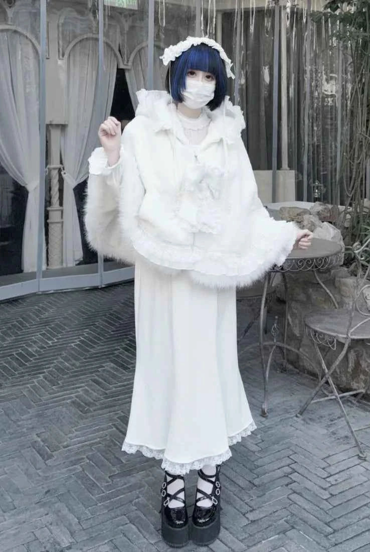 Japanese Mine Lace Splicing Cute Bow Lolita Shawl Jacket Autumn and Winter New Sweet Girl Loose Warm Plush Cape Coat Women