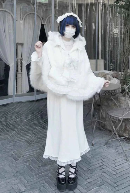 Japanese Mine Lace Splicing Cute Bow Lolita Shawl Jacket Autumn and Winter New Sweet Girl Loose Warm Plush Cape Coat Women