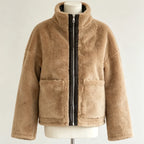 PUAL Women's Fuzzy Fleece Zip-Up Jacket with High Collar & Big Pockets