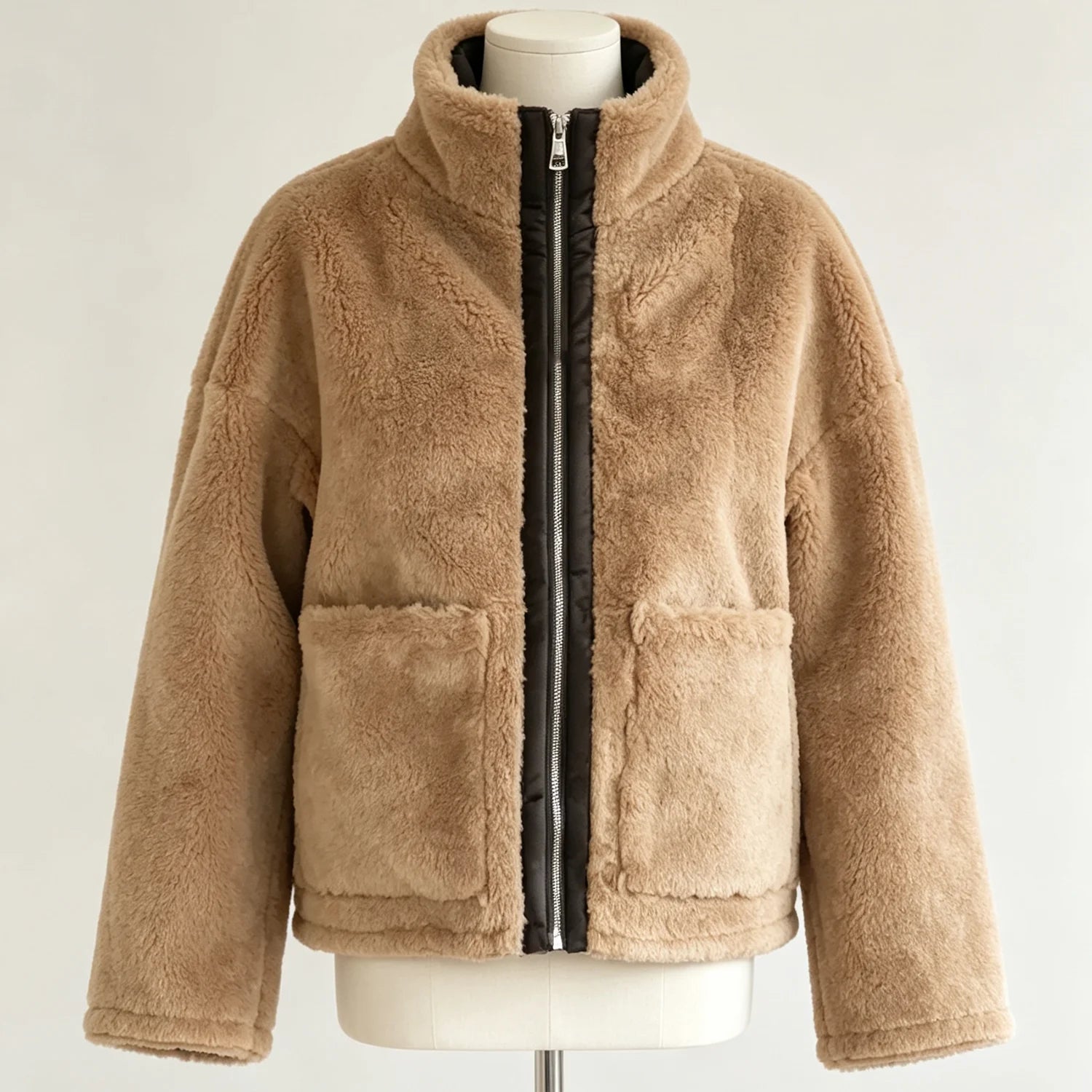 PUAL Women's Fuzzy Fleece Zip-Up Jacket with High Collar & Big Pockets