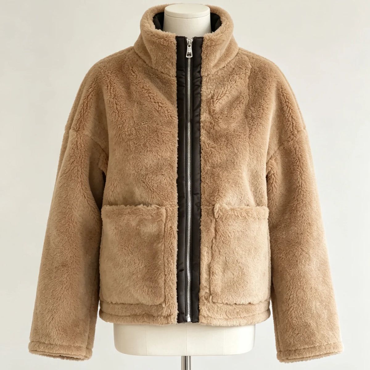 PUAL Women's Fuzzy Fleece Zip-Up Jacket with High Collar & Big Pockets
