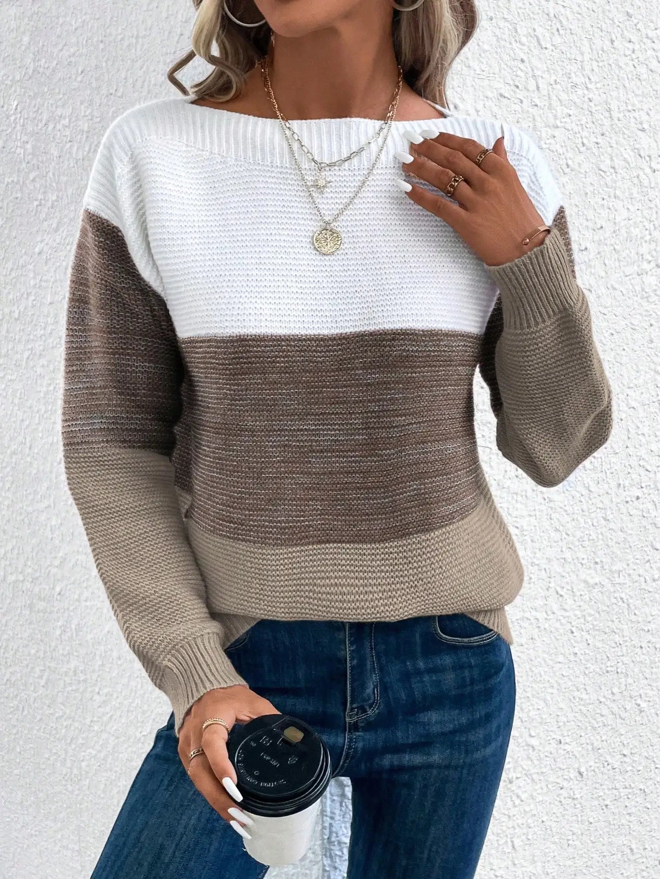 Women's Striped Patchwork Knit Sweater - Casual Loose Autumn/Winter Jumper