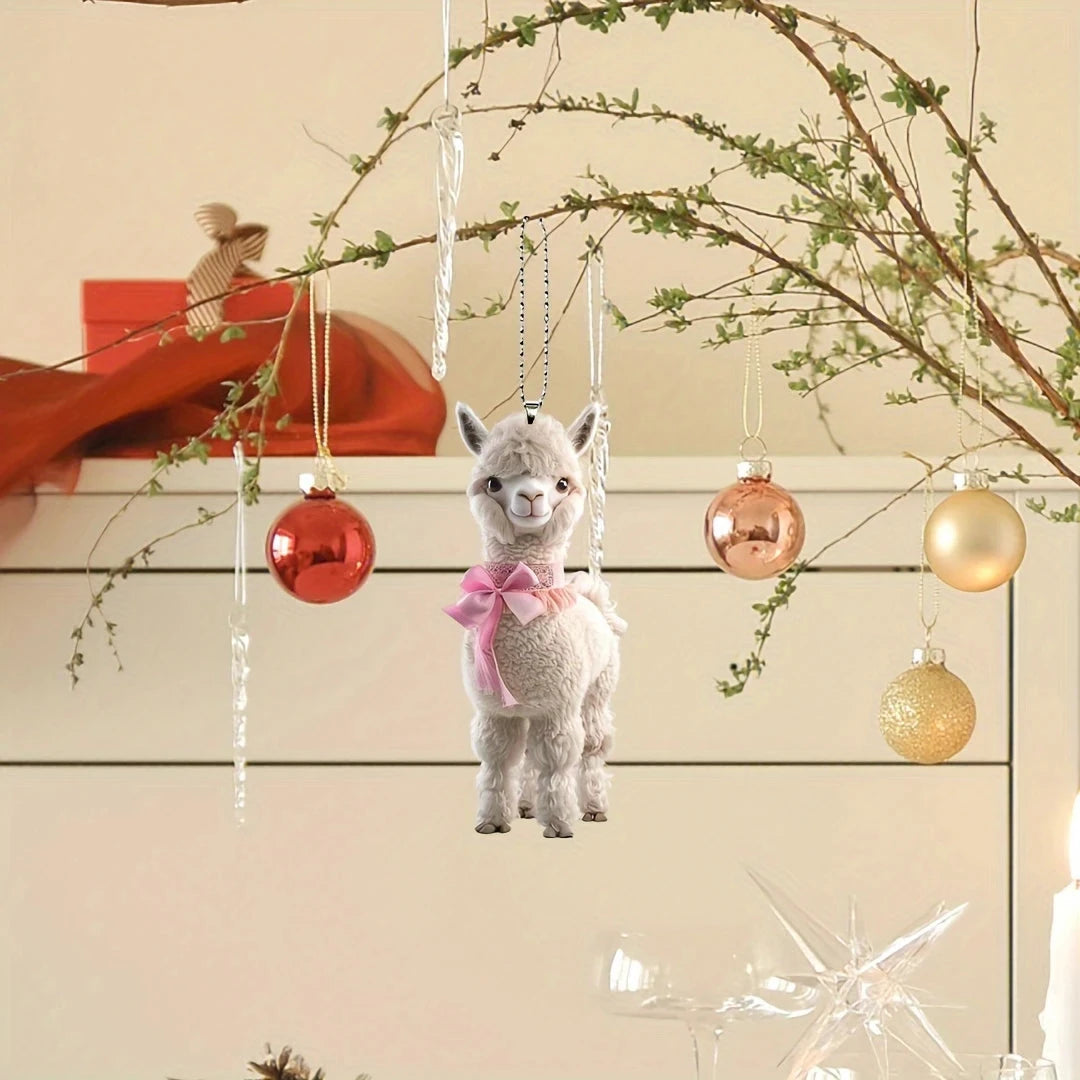 1 Cute Alpaca Acrylic Keychain 2D Graphic Design with Pink Bow Perfect for Car Rearview Mirror Home Decor PendantCarDecorations SS69