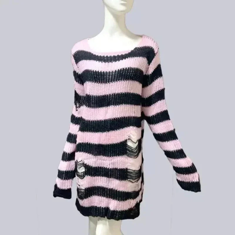 New Women's Punk Gothic Oversized Pullover Sweater Striped Hollow out Cool Harajuku Aesthetics Spring Autumn