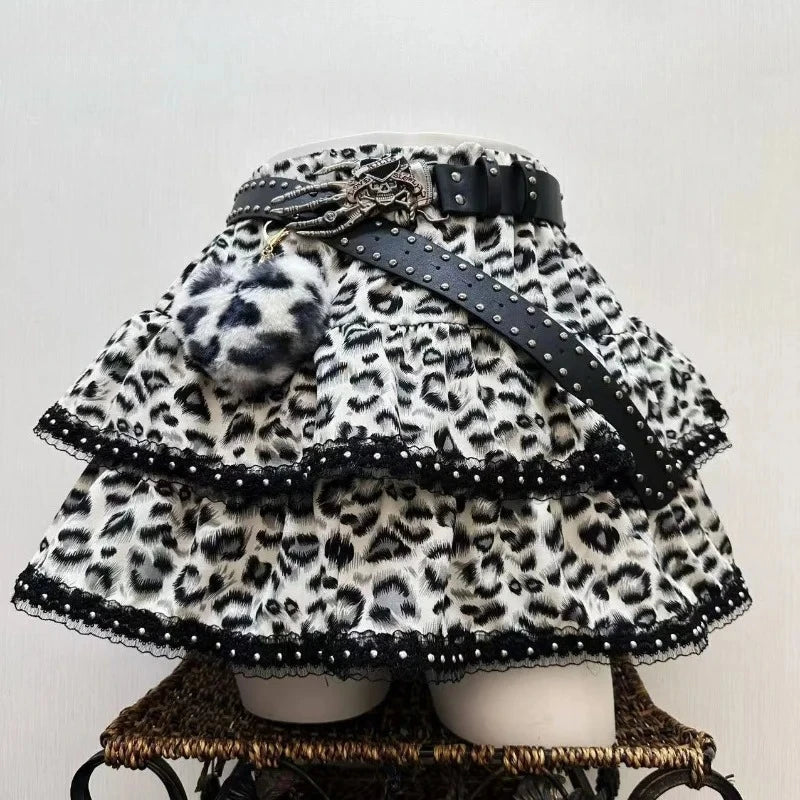 Y2k Japanese Vintage Lolita Style Short Party Skirts Women Gothic Leopard Print Mini Skirts Streetwear Harajuku Punk Skirt Chic