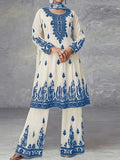 Plus Size Women's Off-White and Black Printed Three-Piece Set Ethnic Style Crew Neck Long Top Wide-Leg Pants and Headscarf Set