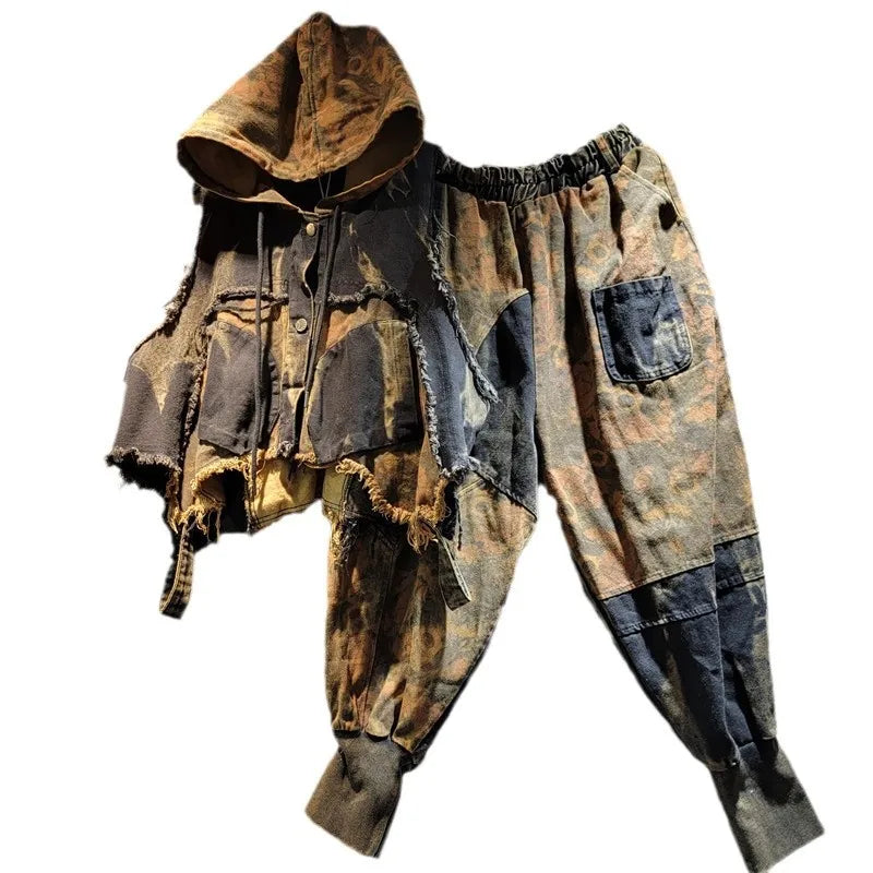 YEAE Women's Denim Hooded Vest and Harem Pants Two-Piece Casual Suit