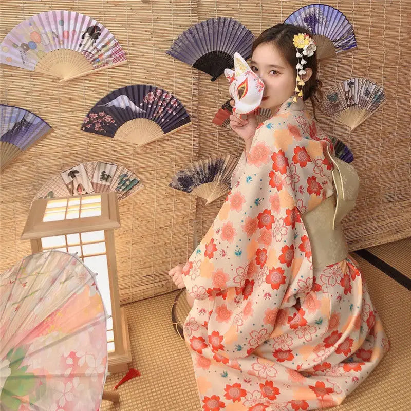 Fashion National Trends Women Sexy Kimono Yukata Dress With Obi Novelty Evening Dress Japanese Cosplay Costume Floral One Size