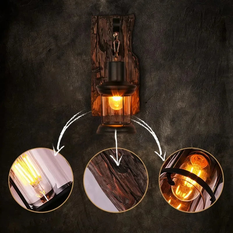 JIANKEXING Vintage Industrial Wall Lamp, Rustic Wood and Metal Wall Sconce