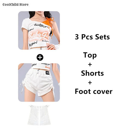 Girls K-pop Off Shoulder Crop Top Lace Cargo Pants Dance Shorts Kids Hip Hop Streetwear Children Jazz Girl Group Clothes Sets