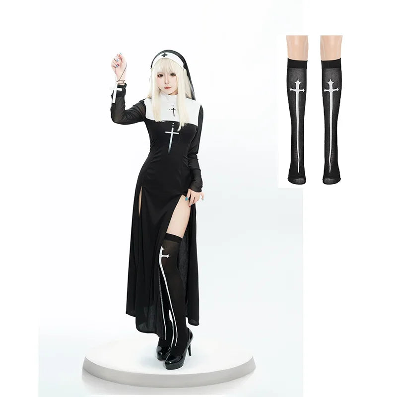 Adult Women Sexy Halloween Costume Anime Nun Cosplay Fancy Dress Gothic Robe Long Black Uniform Carnival Party Themed Events