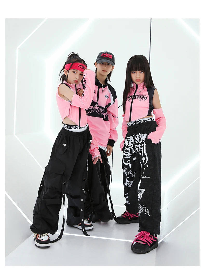 Hip Hop Dance Costume for Girls Pink Tops Black Pants Teenagers Boys Jazz Dance Performance Clothes Kpop Outfits Kids Stage Wear SS69