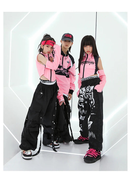 Hip Hop Dance Costume for Girls Pink Tops Black Pants Teenagers Boys Jazz Dance Performance Clothes Kpop Outfits Kids Stage Wear SS69