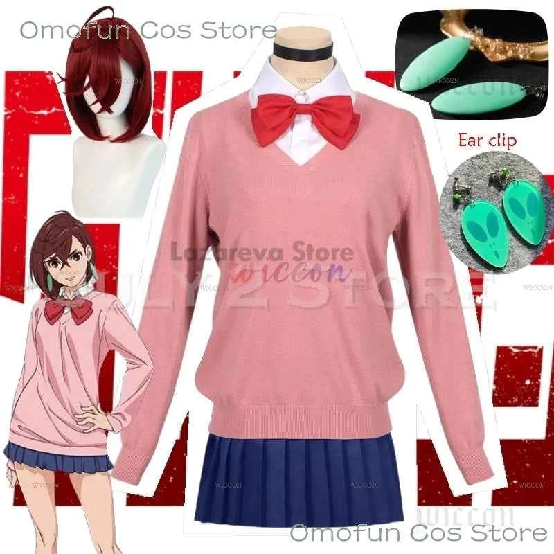 Momo Ayase Cosplay Costume Wig Anime Dandadan School JK Uniform Earrings Pink Sweater Skirt Halloween Party Women