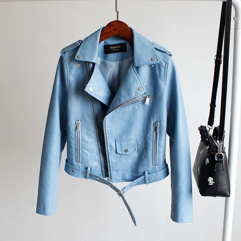 Women's PU Leather Motorcycle Jacket - Slim Fit, Turn-Down Collar