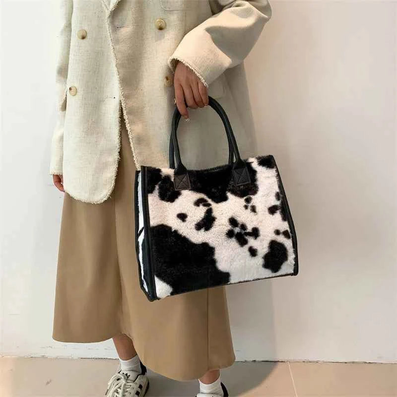 Winter Faux Fur ,Leopard Print Designer Shopper Totes, Fashion Soft Plush Women Shoulder Bags, Large Capacity Handbags and Purse