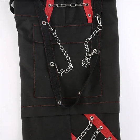 Cyber Punk Unisex Cargo Wide Leg Pants Chain Bandage Ruched Tie Capris Pants Women Gothic Baggy Trousers BF Hippie Grunge Jogger SS69